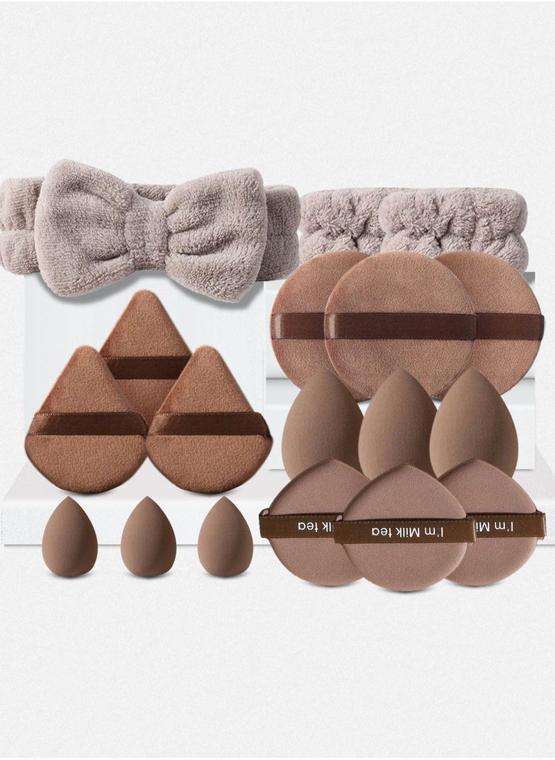 Generic 16-Piece Spa Headband and Wristband Clean Set, Includes Makeup Sponges and Face Triangle Powder Puff Skincare Beauty Blender for Washing Face,Women Gift Set(Brown) - Image 1