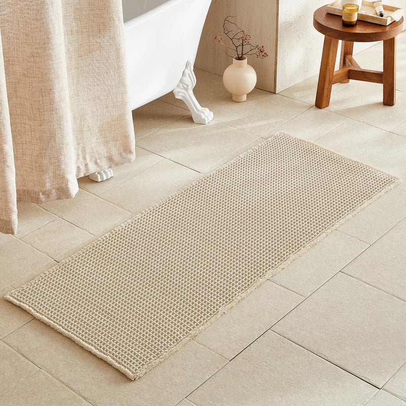 TYUU Pale Beige Long Bathroom Rug, Waffle Runner Rug Bathroom Non Slip Washable Super Absorbent Quick Dry Boho Farmhouse Bath Mat, 60''x24'' Pale Beige - Image 1