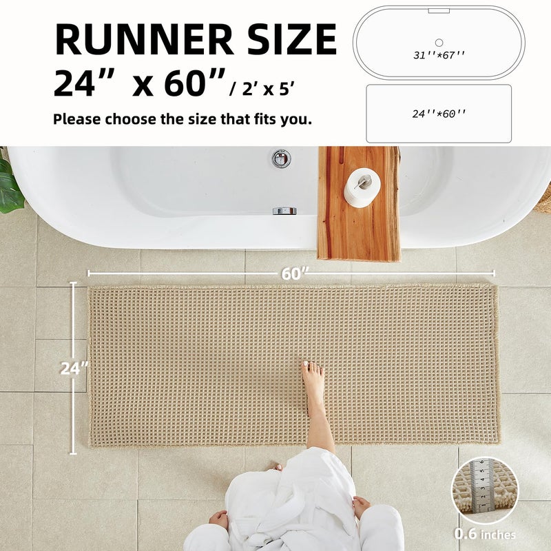 TYUU Pale Beige Long Bathroom Rug, Waffle Runner Rug Bathroom Non Slip Washable Super Absorbent Quick Dry Boho Farmhouse Bath Mat, 60''x24'' Pale Beige - Image 2