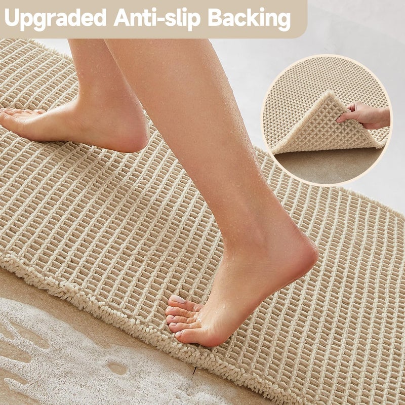 TYUU Pale Beige Long Bathroom Rug, Waffle Runner Rug Bathroom Non Slip Washable Super Absorbent Quick Dry Boho Farmhouse Bath Mat, 60''x24'' Pale Beige - Image 4