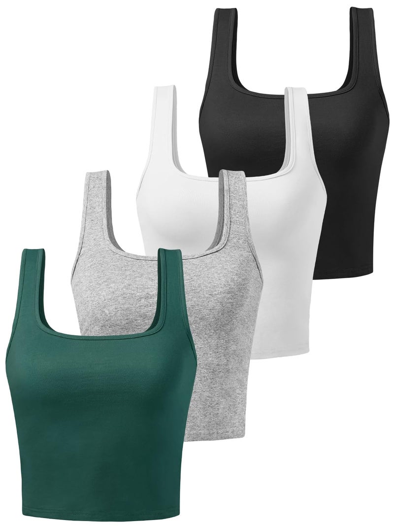 Joviren Cotton Workout Crop Tank Top for Women Square Neck Yoga Tank Tops Athletic Sports Shirts Exercise Undershirts 4 Pack Black/White/Grey/DeepGreen L - Image 1