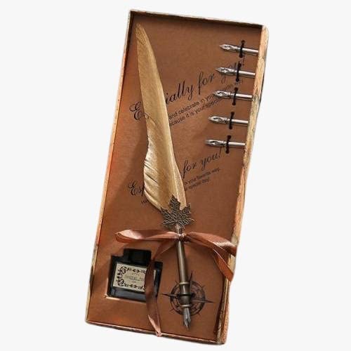 ART RANGER ART RANGER Dip Feather Pen Set Calligraphy Pen Set Writing Quill Ink Dip Pen with 5 Dip Nibs (Golden Feather) - Image 1