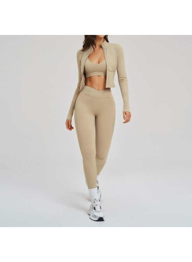 European And American Fitness Set, Naked-feel Zipper Casual Set For Women, Outdoor Cycling And Running Sports Three-piece Set 2539