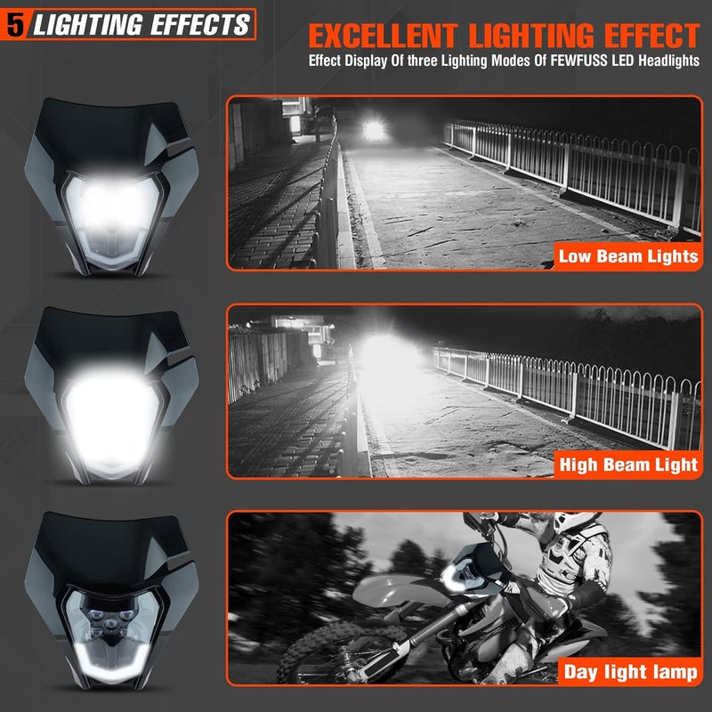 fewfuss Dirt Bike LED Headlight - Universal Motorcycle Enduro Supermoto Light Kit in Black - Image 5