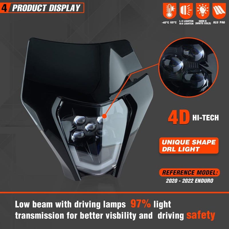 fewfuss Dirt Bike LED Headlight - Universal Motorcycle Enduro Supermoto Light Kit in Black - Image 4