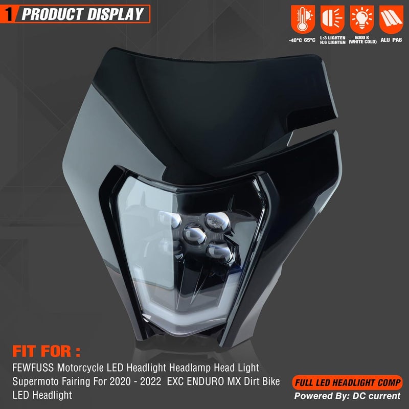 fewfuss Dirt Bike LED Headlight - Universal Motorcycle Enduro Supermoto Light Kit in Black - Image 2