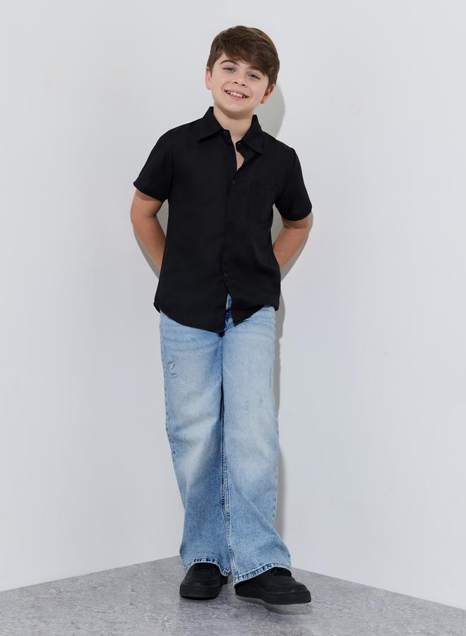 Styli Teen Boys Black Solid Pocket Detail Short Sleeves Shirt - Image 2