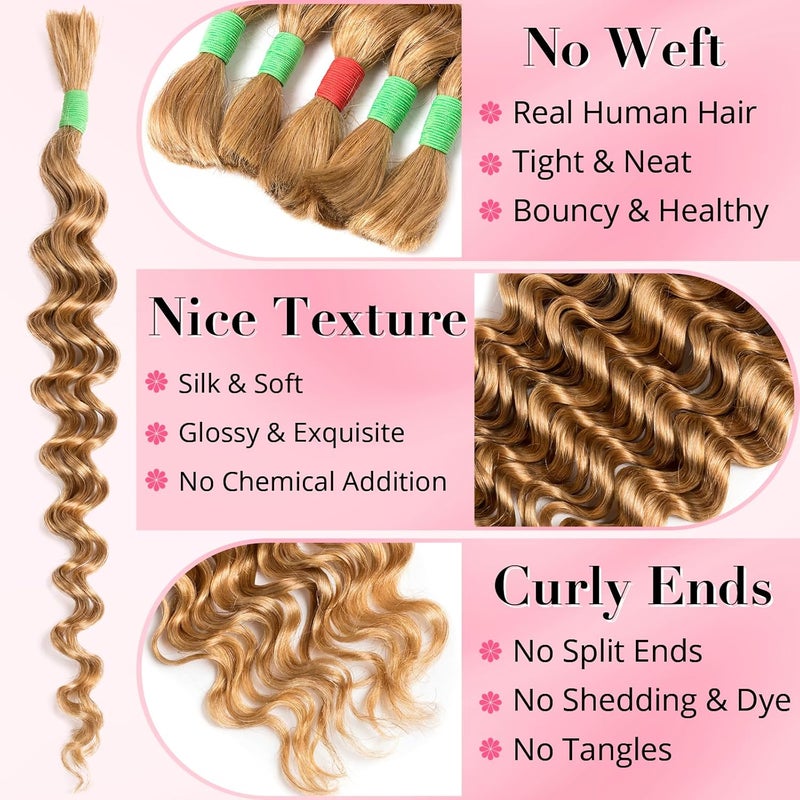 آيوكرتسي إكسسوارات ضفائر بوهو من شعر بشري للتصفيف، حزم شعر بشري لصنع الضفائر البوهو، حزم شعر بموجات عميقة، شعر بشري بدون نسيج، طول 18 بوصة، مجعد، 5 حزم، إجمالي وزن 100 جرام، اللون #27، أشقر - Image 2