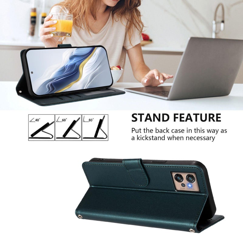 إيروريكس جراب هاتف موتورولا موتو جي 32 من الجلد المنقوش على شكل قطة مع حزام يد (أخضر غامق) - Image 3