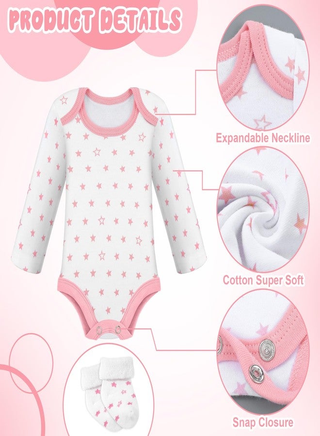 Glitopper 5 Pack Preemie Long Sleeve Bodysuit Preemie Layette Set Bodysuit Socks Set for Boys Girls NICU Gift (Stripes, Polka Dots,White and Pink) - Image 3