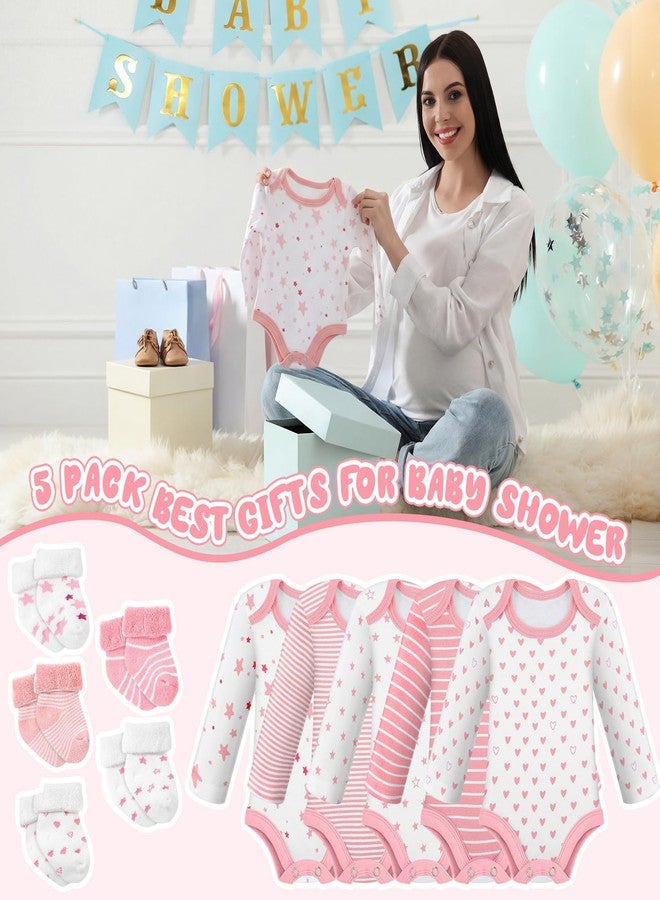Glitopper 5 Pack Preemie Long Sleeve Bodysuit Preemie Layette Set Bodysuit Socks Set for Boys Girls NICU Gift (Stripes, Polka Dots,White and Pink) - Image 4