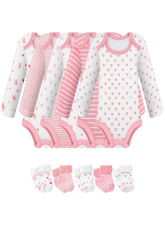 Glitopper 5 Pack Preemie Long Sleeve Bodysuit Preemie Layette Set Bodysuit Socks Set for Boys Girls NICU Gift (Stripes, Polka Dots,White and Pink) - Image 1
