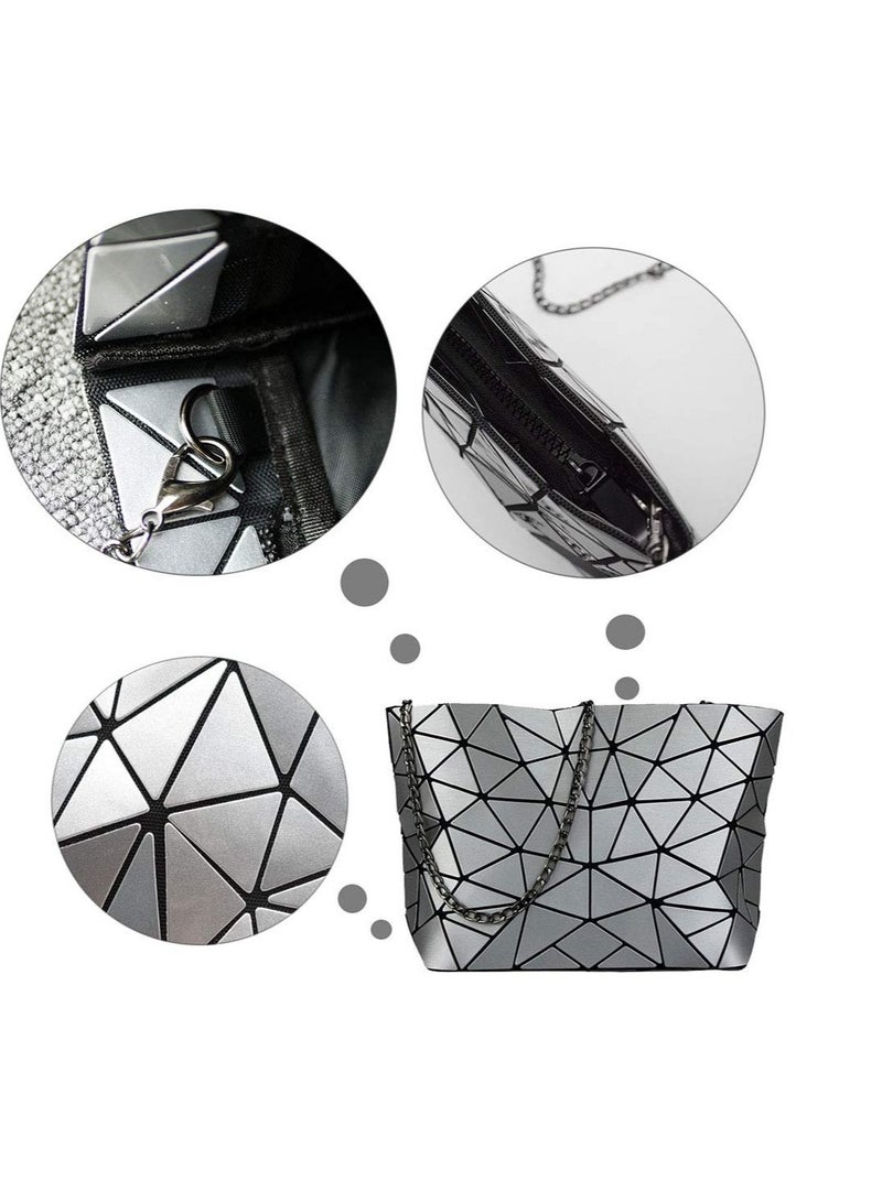 Women Handbags Geometric Luminous Bag, Geometric Lattice Shoulder Bag, PU Leather Shard Lattice Holographic Purse Ladies Shoulder Bag - Image 3
