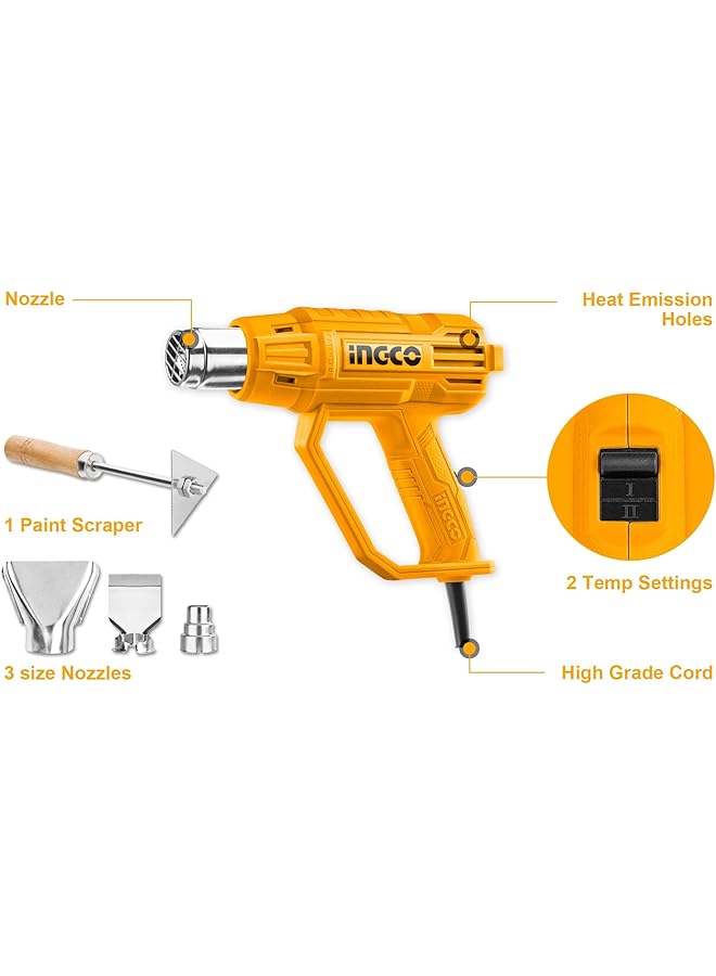 INGCO Heat Gun 2000W Heavy Duty Hot Air Gun With 3 Nozzles And 1Pcs Scraper 480 ℃ 560℃ Heat Gun With Overload Protection For Crafts Shrinking Pvc Stripping Paint - Image 2