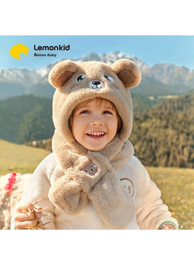 Lemonkid Children's Hat And Scarf Set, Thick Windproof Warm Ear-protecting Knitted Cap For Boys And Girls, Natural Brown Bear Design, Size S - Image 1