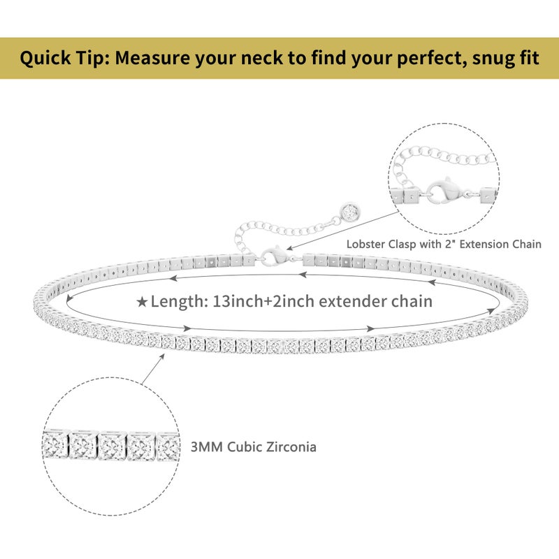 Robaice Tennis Necklace for Women, Silver Plated Rhinestone Choker Necklace for Women, Dainty Cubic Zirconia Cut Faux Diamond Chain 3mm - Image 5