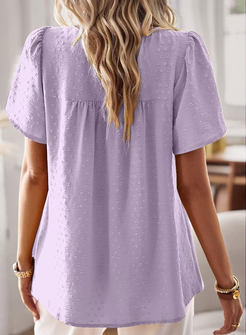 Falechay Purple Plus Size Tops Solid Babydoll Chiffon Pom Pom Short Sleeve Womens Button Down Blouse Cute Bohemian Crewneck Fall XXL - Image 3