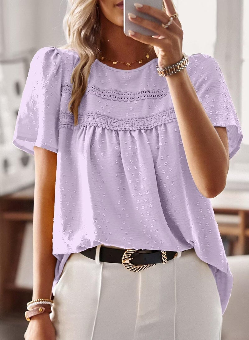 Falechay Purple Plus Size Tops Solid Babydoll Chiffon Pom Pom Short Sleeve Womens Button Down Blouse Cute Bohemian Crewneck Fall XXL - Image 4