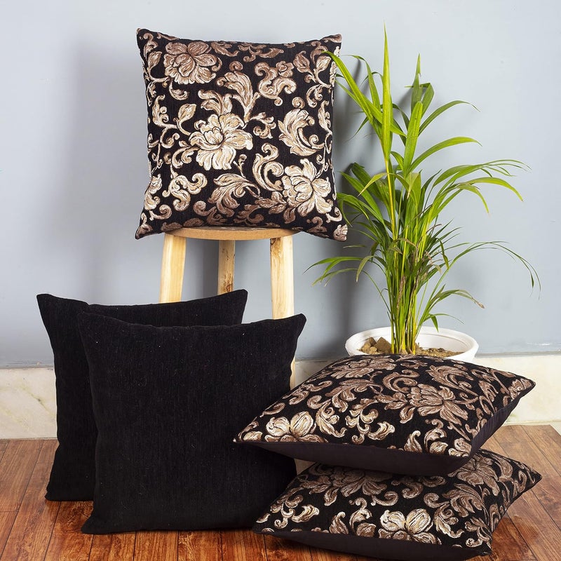 CAZIMO Jacquard Soft Velvet Floral Cushion Covers | Hypo-Allergenic | Washable | Non-Fade Diwan Sofa Pillow Covers for Home Bed & Living Room (Size - 16 X16 Inches, Color - Black) - Set of 5 Pcs - Image 1