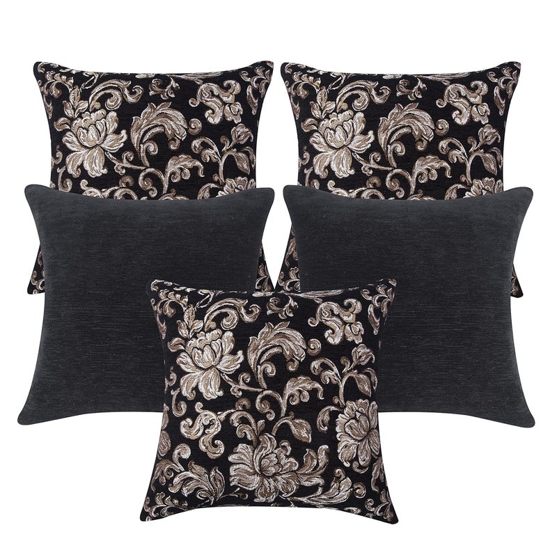 CAZIMO Jacquard Soft Velvet Floral Cushion Covers | Hypo-Allergenic | Washable | Non-Fade Diwan Sofa Pillow Covers for Home Bed & Living Room (Size - 16 X16 Inches, Color - Black) - Set of 5 Pcs - Image 2