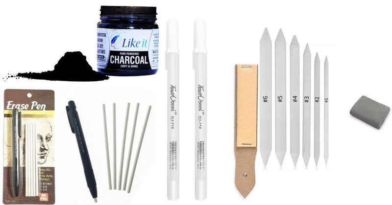 ARROLLIANT Combo White Paper Stump Blender, Eraser Pen,Kneadable Eraser, 2pc White Gel Pen & Sand Paper Folder,Artist Black Charcoal Powder 30grams for Beginners for Fine Artwork Sketching Drawing - Image 1