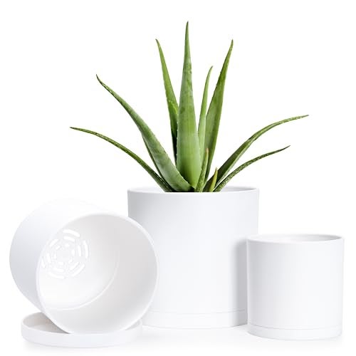 D'vine Dev 4 Inch 5 Inch 6 Inch, Set of 3 Plastic Planter Pots for Plants with Drainage Hole and Seamless Saucers, White Color, Small, 74-V-A-1 - Image 1
