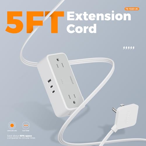 TESSAN Flat Plug Extension Cord 5 FT, Surge Protector Power Strip with 4 AC Outlets 2 USB C and 1 USB A Ports, 900 Joules Protection, Multiple Wall Outlet Extender Suitable for Office Dorm, Grey - Image 2