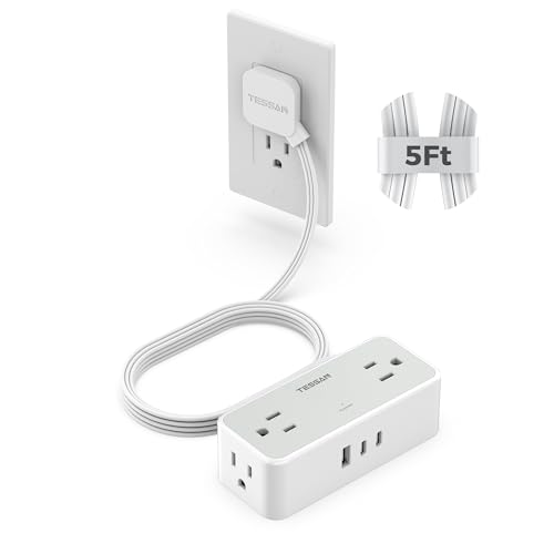 TESSAN Flat Plug Extension Cord 5 FT, Surge Protector Power Strip with 4 AC Outlets 2 USB C and 1 USB A Ports, 900 Joules Protection, Multiple Wall Outlet Extender Suitable for Office Dorm, Grey - Image 1