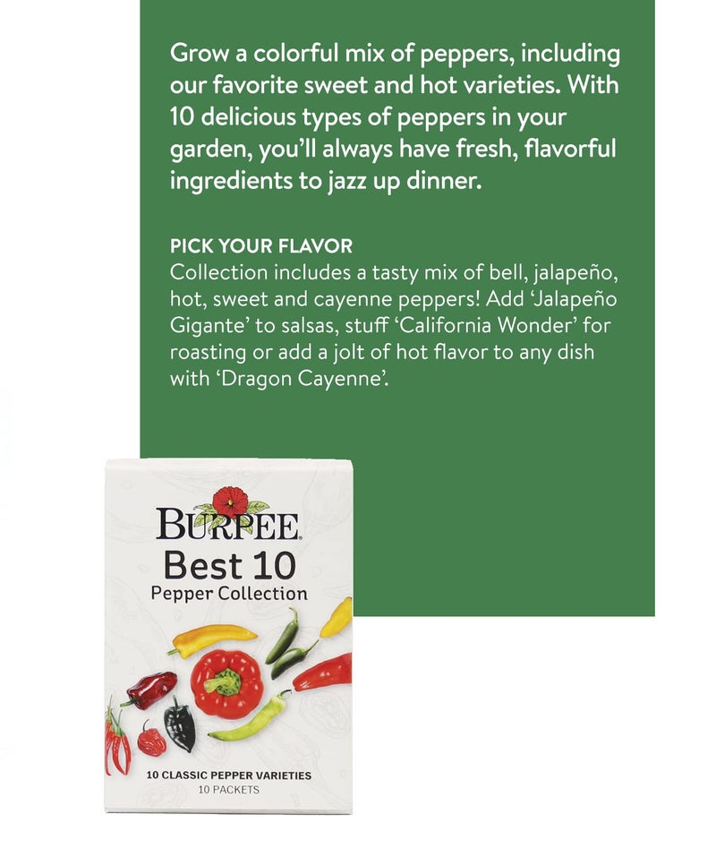 Burpee Best Collection | 10 Packets of Non-GMO Fresh Mix of Hot Pepper & Sweet Varieties | Jalapeno, Bell Pepper Seeds & More, Seeds for Planting - Image 2