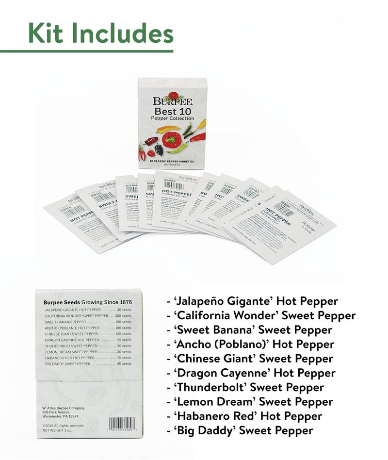 Burpee Best Collection | 10 Packets of Non-GMO Fresh Mix of Hot Pepper & Sweet Varieties | Jalapeno, Bell Pepper Seeds & More, Seeds for Planting - Image 3