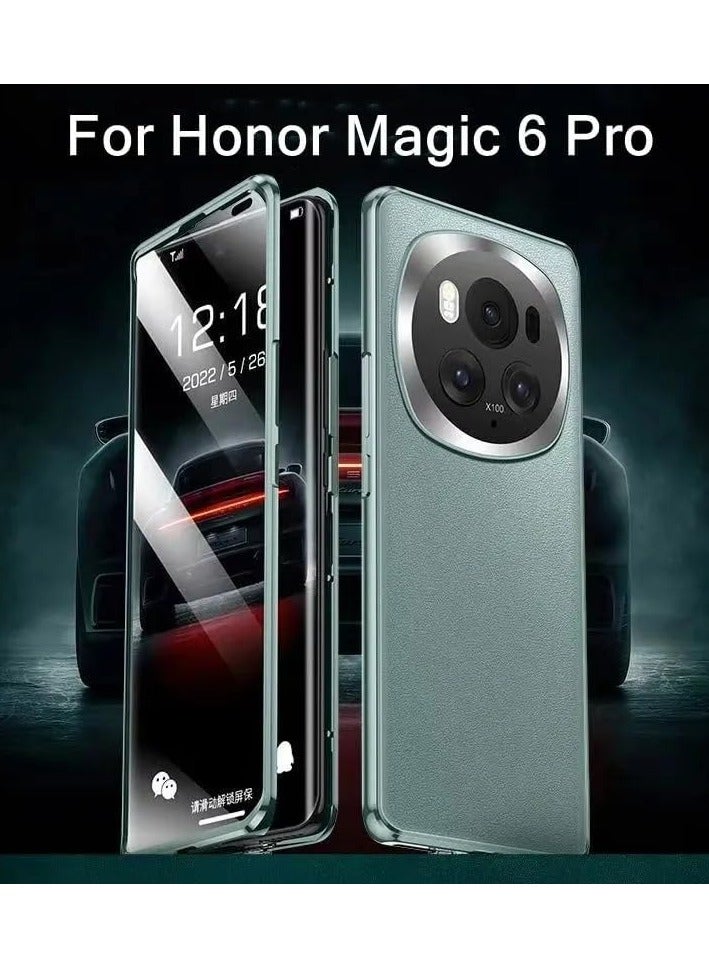 general Compatible with Honor Magic 6 Pro Plain Leather Full Shell, Front Glass Back Leather Magnetic Shell, Ultra-thin Anti-drop Metal Protective Case - Image 2