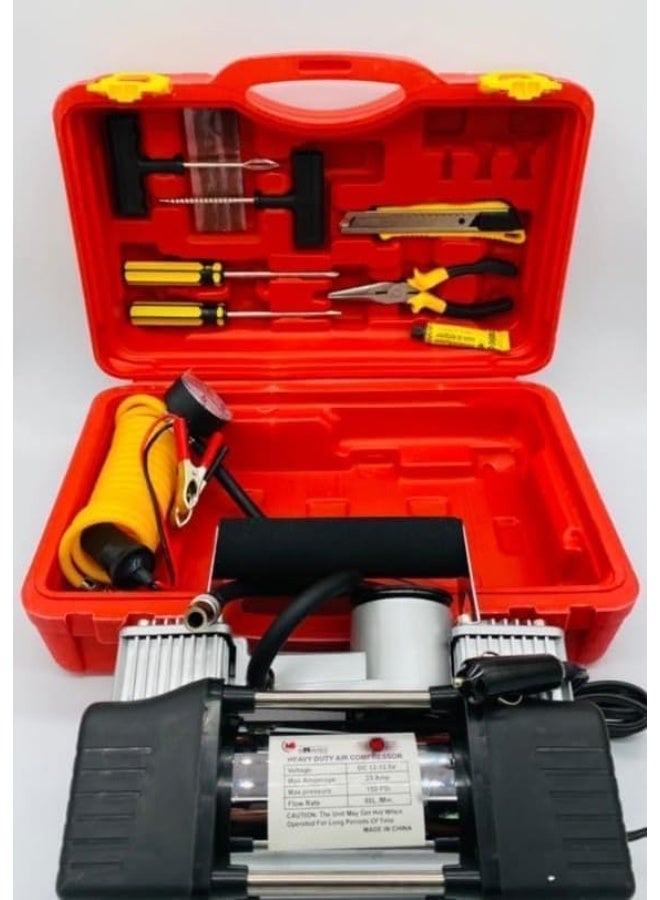 SHEZA STAR Portable Air Compressor Kit with Tools, 12 Volts DC, Heavy Duty Double Cylinder, Red Storage Case - Image 1