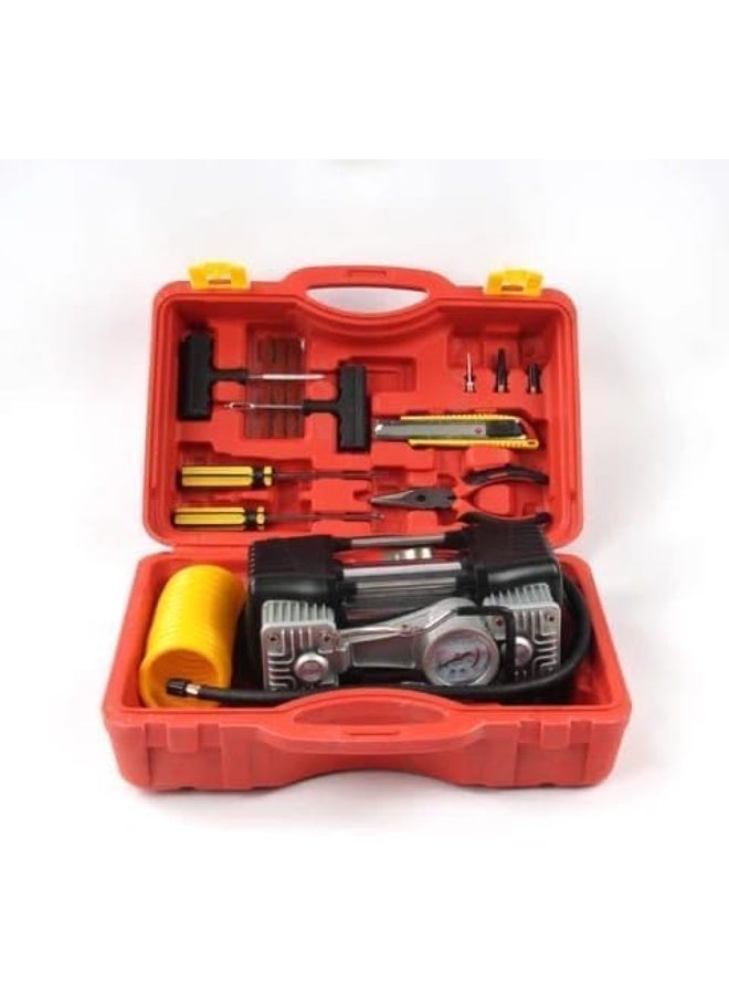 SHEZA STAR Portable Air Compressor Kit with Tools, 12 Volts DC, Heavy Duty Double Cylinder, Red Storage Case - Image 3
