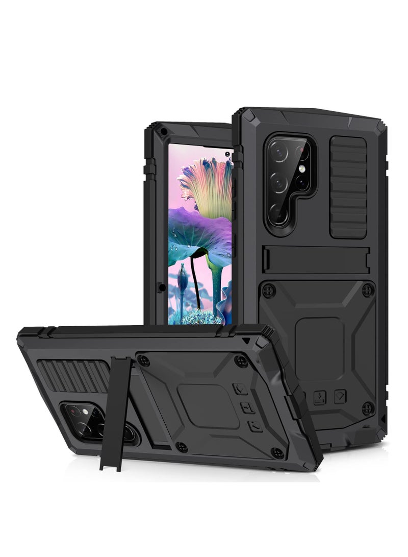 Aookay For Samsung Galaxy S23 Ultra Metal Phone Case with Screen Protector, 3 Layers Full Body Shockproof Dustproof Aluminium Silicone Case for Samsung S23 Ultra Case with Kickstand (Black) - Image 1