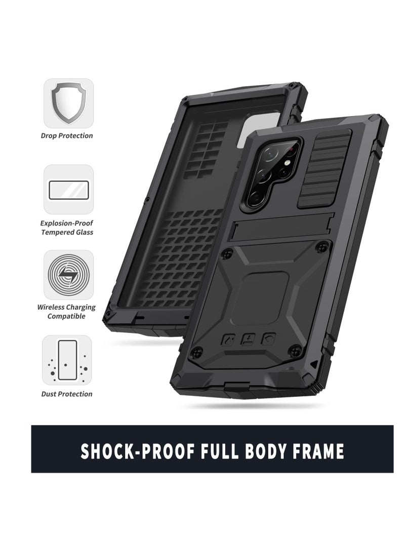 Aookay For Samsung Galaxy S23 Ultra Metal Phone Case with Screen Protector, 3 Layers Full Body Shockproof Dustproof Aluminium Silicone Case for Samsung S23 Ultra Case with Kickstand (Black) - Image 3