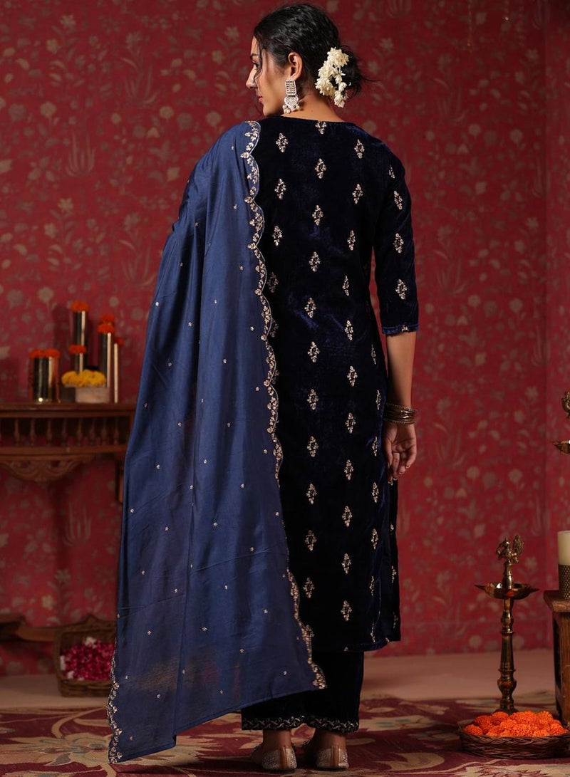 ISHIN Women's Navy Velvet Embellished Tunic Full Length Casual Straight Fit Kurta Set  - Image 5