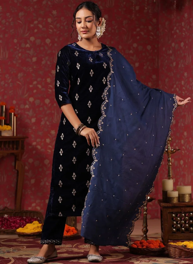 ISHIN Women's Navy Velvet Embellished Tunic Full Length Casual Straight Fit Kurta Set