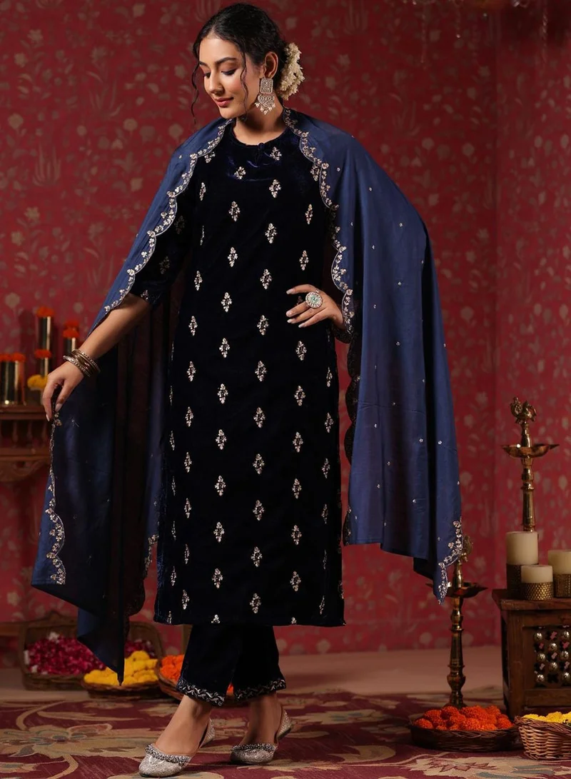 ISHIN Women's Navy Velvet Embellished Tunic Full Length Casual Straight Fit Kurta Set