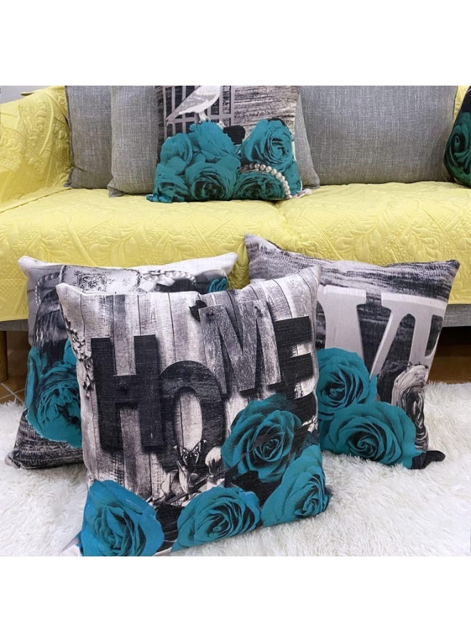 YOOOAHU Turquoise Throw Pillows Covers 18x18 Set of 4 Farmhouse Grey Teal Pillow Cover for Couch Outdoor Patio Furniture Decorative Linen Cotton Rose Flower Cushion Case Bed Sofa Living Room Home Decorations - Image 1