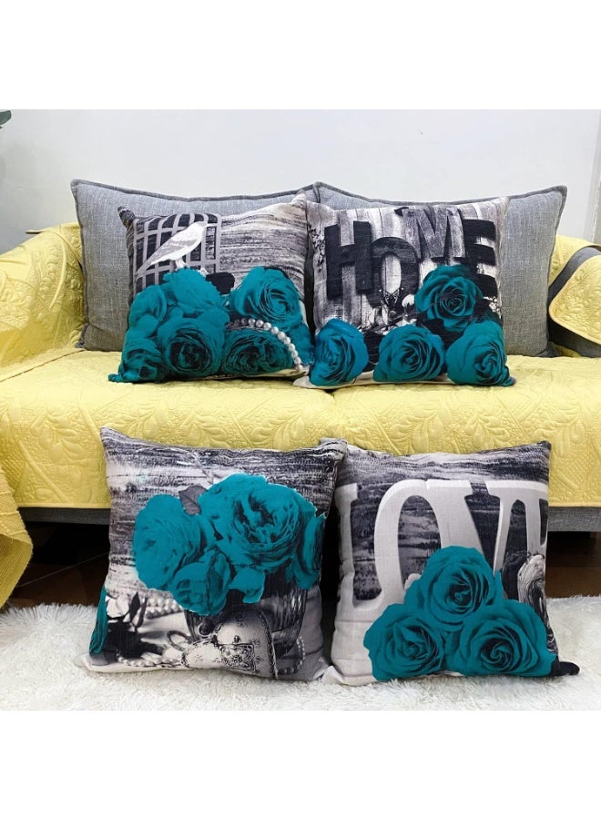 YOOOAHU Turquoise Throw Pillows Covers 18x18 Set of 4 Farmhouse Grey Teal Pillow Cover for Couch Outdoor Patio Furniture Decorative Linen Cotton Rose Flower Cushion Case Bed Sofa Living Room Home Decorations - Image 2