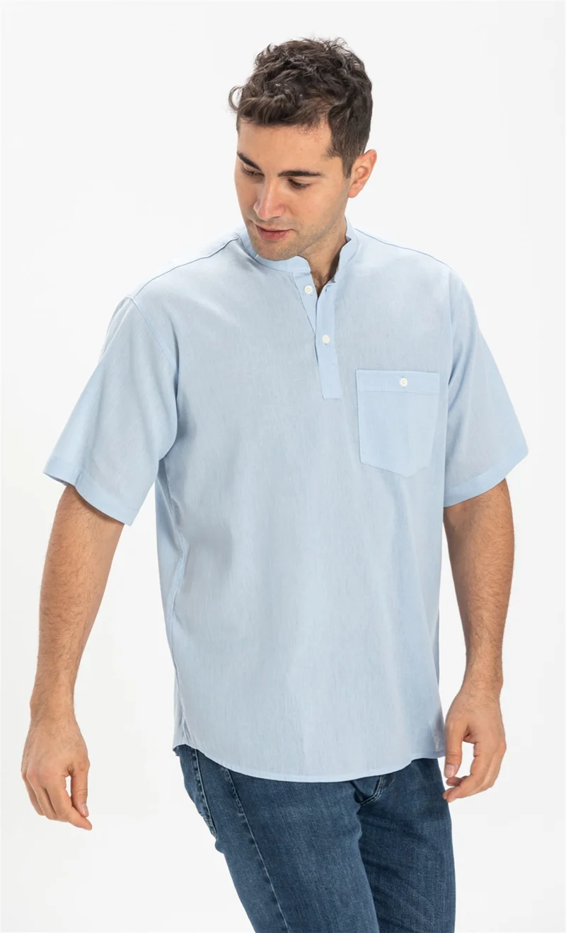 Eliş Şile Bezi Kısa Kol Şile Bezi Tek Cepli Hakim Yaka Erkek Tshirt Buz Mavi 3027