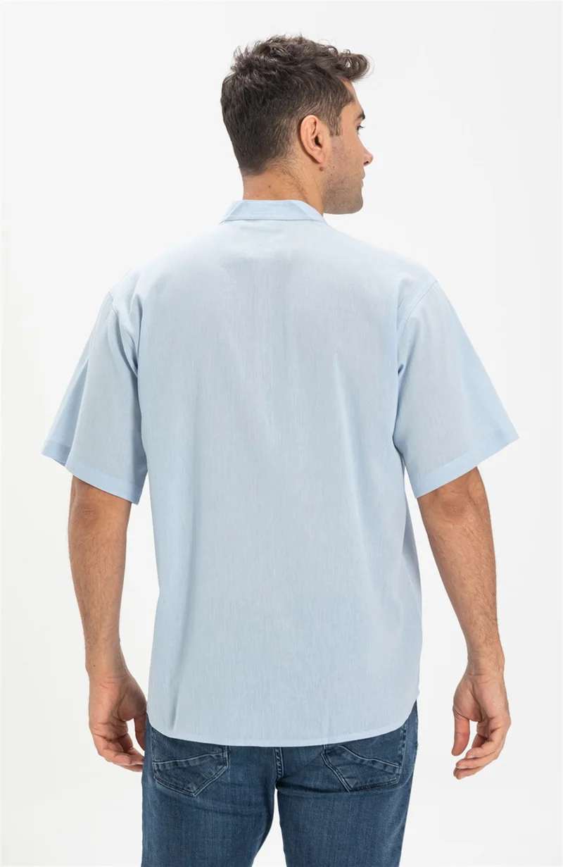 Eliş Şile Bezi Kısa Kol Şile Bezi Tek Cepli Hakim Yaka Erkek Tshirt Buz Mavi 3027