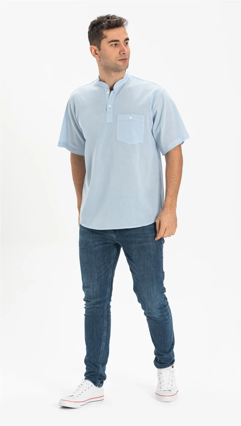 Eliş Şile Bezi Kısa Kol Şile Bezi Tek Cepli Hakim Yaka Erkek Tshirt Buz Mavi 3027