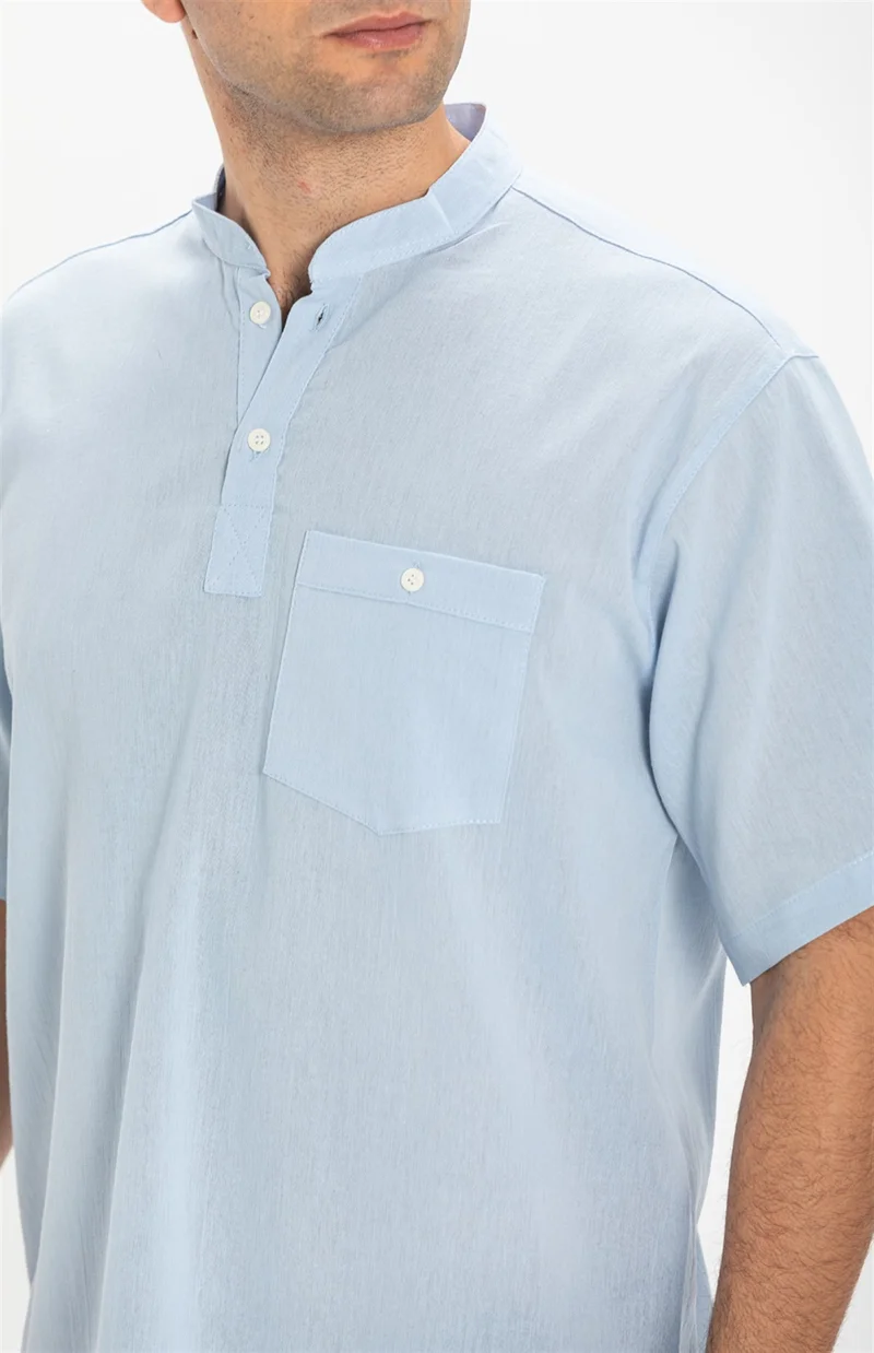 Eliş Şile Bezi Kısa Kol Şile Bezi Tek Cepli Hakim Yaka Erkek Tshirt Buz Mavi 3027