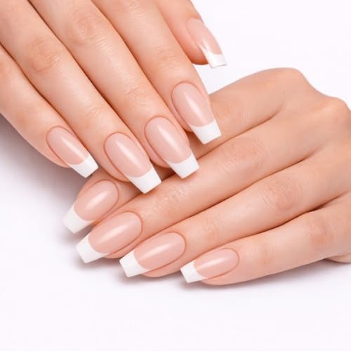 Sanfe Instant Stick On Nails - French Tips | 24 Reusable Artificial Fake Nail Set/Extensions | Quick, Lightweight, Salon Look, Lasts upto 3 weeks | For Festivals & Special Occasions - Image 1