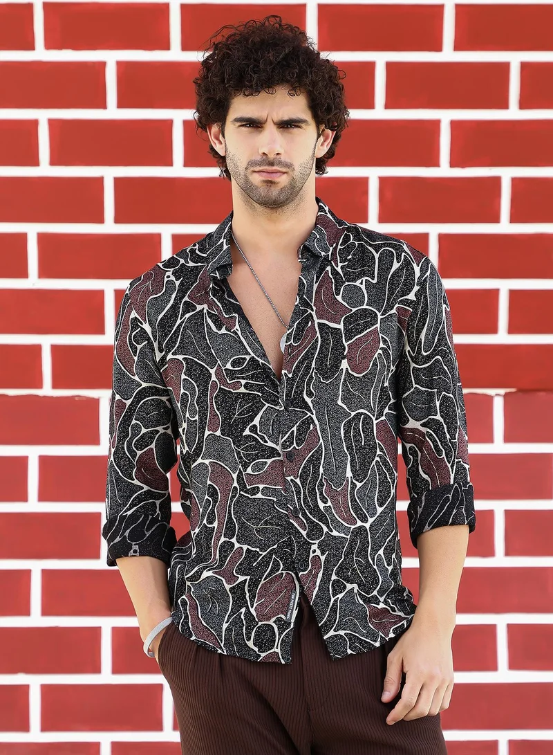 Campus Sutra Men's Onyx Black & Russet Brown Speckled-Foliage Regular Shirt