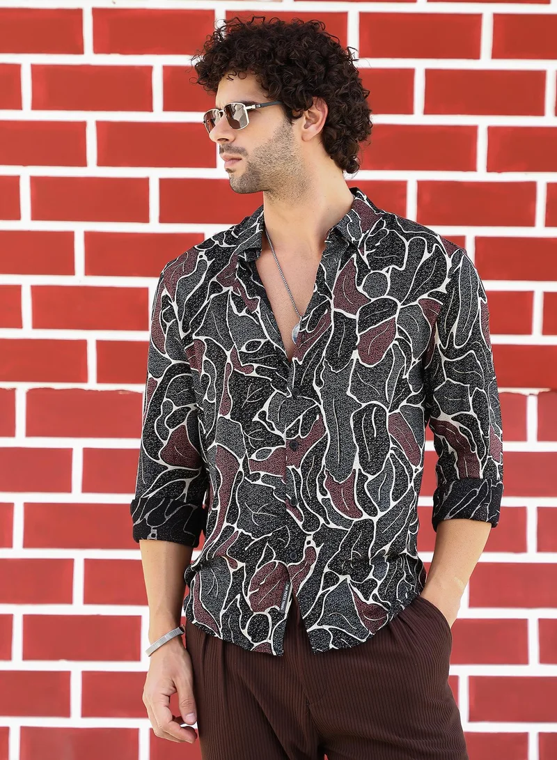 Campus Sutra Men's Onyx Black & Russet Brown Speckled-Foliage Regular Shirt