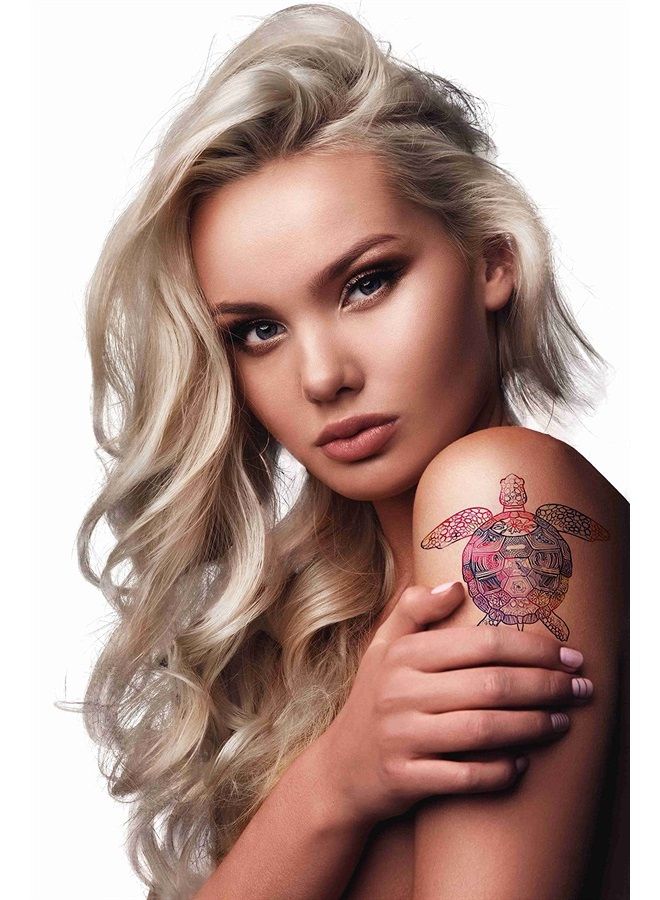 Dopetattoo تصميم وشم للأطفال 6 أوراق وشوم مؤقتة سلحفاة البحر وشم مؤقت ملون للرقبة والذراع والصدر للنساء والرجال - Image 1