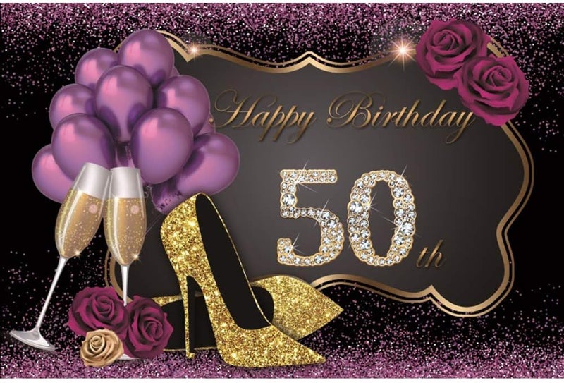 Yeele 9x6ft Happy 50th Birthday Backdrop Glistening Purple Background Champagne HighHeeled Shoes Purple Roses Balloons Party Decoration Lady Girl Portrait Photoshoot Photo Studio Backdrop - Image 1