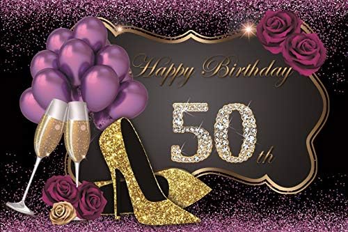 Yeele 9x6ft Happy 50th Birthday Backdrop Glistening Purple Background Champagne HighHeeled Shoes Purple Roses Balloons Party Decoration Lady Girl Portrait Photoshoot Photo Studio Backdrop - Image 4